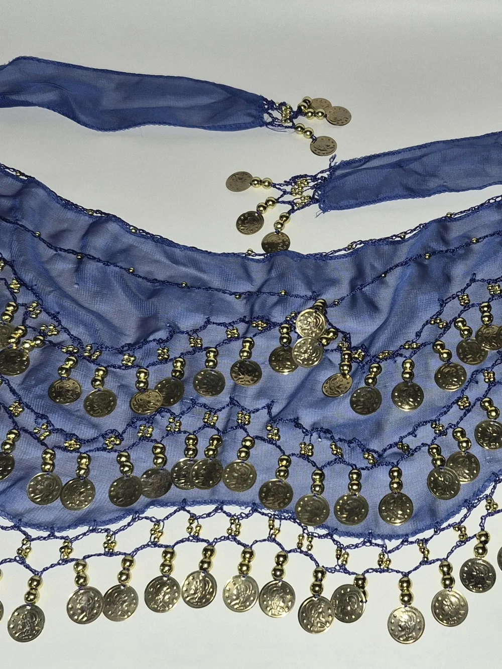 Gold Coin Fringe Belly Dance Hip Scarf - Blue